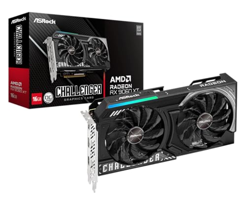 ASRock Radeon RX 9060 XT Challenger 16GB GDDR6 OC Graphics Card | 3300 MHz Boost | Dual Fan | 0dB Cooling | Metal Backplate | PCIe 5.0 | DisplayPort 2.1a, HDMI 2.1b