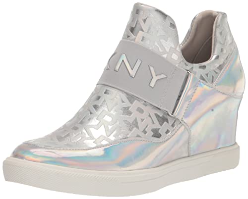 DKNY Women's Cosmos Everyday Wedge Sneaker with Logo, Silver, 8