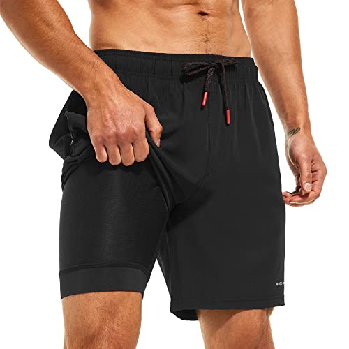 HODOSPORTS Mens Swimsuit Trunks 7" Quick-Dry Swim Shorts with Compression Liner and Zipper Pockets (Large,Black)