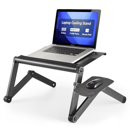 WorkEZ Cooling Adjustable Laptop Stand for Desk w/Fan USB Ports Mouse Pad Ergonomic Foldable Laptop Stand Riser Portable Computer Holder, Black