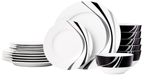Amazon Basics Dinnerware Set, Microwave and Dishwasher Safe, Service for 6, 18-Piece Complete Kitchen, Plates, Dishes, Bowls, Swirl