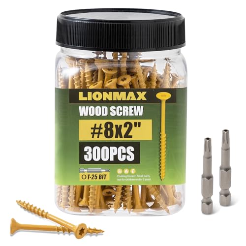 LIONMAX Deck Screws 2 Inch, Wood Screws #8 x 2, 300 PCS, Rust Resistant, Exterior Epoxy Coated, Outdoor Decking Screws, Torx/Star Drive Head Screw, T25 Star Bit Included, Tan
