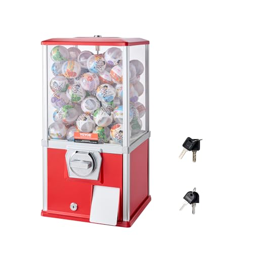 VEVOR Gumball Machine, 21" Height Home Vending Machine, PS Bouncy Balls Dispenser, Hold 180 Capsule Toys, Rectangle Bubble Gum Machine for Game Stores, Coin Operated Gumball Bank, Red