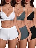 SOLY HUX Women's Lingerie Sets 3 Pack Silk Satin Lace Matching Bra Bralettes and Panty Underwear Set Black White Green Large