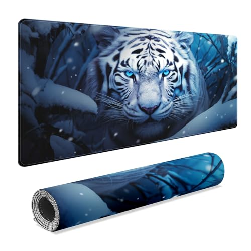 FCZ Large Gaming Mouse Pad 35.4''x15.7'' White Tiger Extended Non-Slip Soft Rubber Mousepad for Desktop Office Stitched Edges Waterproof Keyboard Mat for Desk Computer Laptop