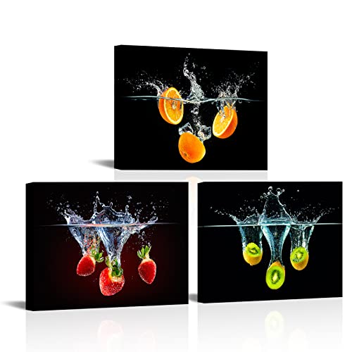 Artsbay 3 Pieces Fruit Prints Canvas Wall Art Kitchen Decor Fresh Strawberry Orange Kiwi Fruit in Water Pictures Posters Modern Landscape Artwork for Dining Room Living Room Bedroom 12Wx16Hx3