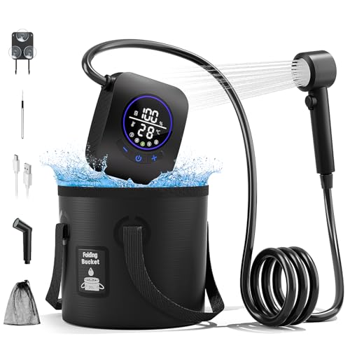 Moriko Portable Shower for Camping, 8000mAh Rechargeable Camping Shower Pump, 5 Shower Modes & IPX8 Waterproof, 5 Gallons Foldable Bucket, Outdoor Shower for Hiking, Travel, Car, Pet, Beach, RV, Boat