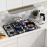 COSTWAY 36-inch Gas Cooktop, Stainless Steel Gas Stove Top with 6 Burners, ABS Knobs and Cast Iron Grates, NG/LPG Convertible Gas Range Top with Sealed Burners for Kitchen, Easy to Clean, Silver