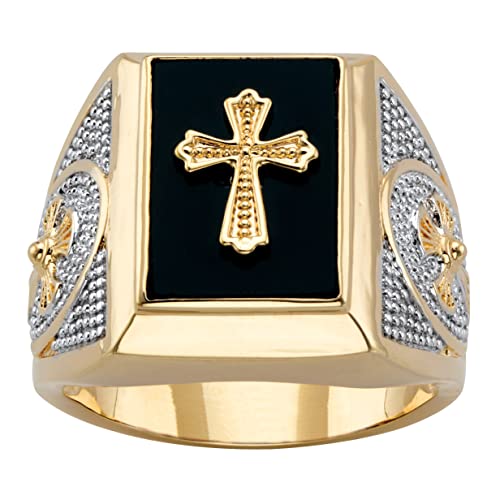 PalmBeach Men's Yellow Gold-Plated Rectangular Shaped Black Onyx Praying Hands or Textured Cross Ring Size 12