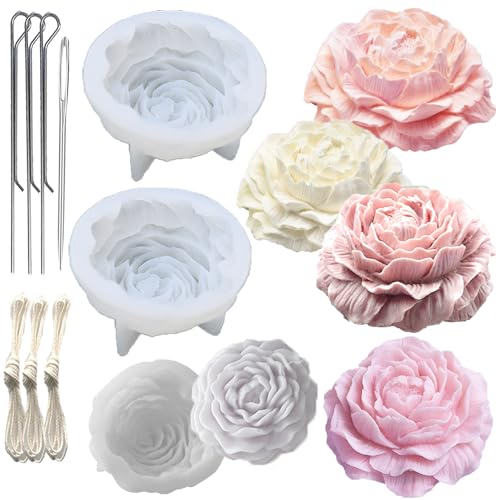 Large&Small Peony Flower Silicone Soap Molds 3PCS Peony Silicone Candle Mold with Large-Eye Wicking Needle,Candlewick for Chocolate Cake Candy Moulds Epoxy Resin Plaster Clay