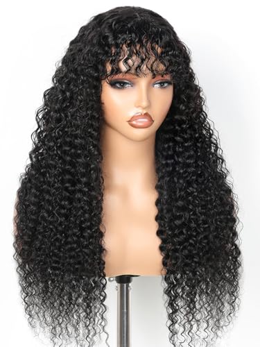 JuneMet Ruiyu Curly Human Hair Wig with Bangs 2x4 HD Lace Water Wave Closure Wet and Wavy Ready to Wear and Go Wigs Glueless with Bangs for Black Women 180 Density 100% Brazilian Human Hair 26 Inch