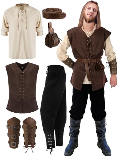 Suhine 6 Pcs Men's Halloween Renaissance Costume Set Medieval Vest Shirt Ankle Banded Pants Viking Belt Armband Pouch(Classic Color,Medium)