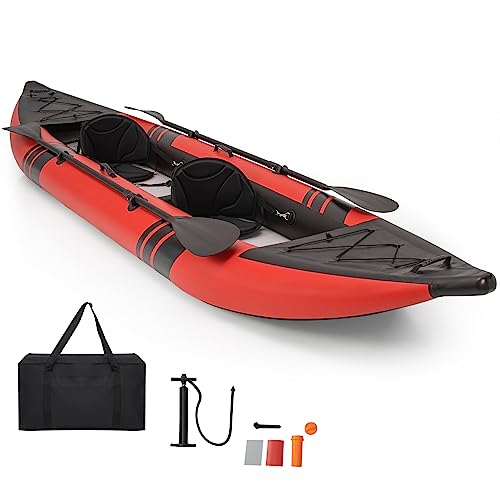 GYMAX Inflatable Kayak, 12.5Ft 507lbs Tandem Kayak with 2 Aluminum Paddles, 2 Padded Seats, Footrests, 2 Fins, Hand Pump, Carry Bag & Repair Kit, 2 Person Fishing Touring Kayak for Adults Youth (Red)