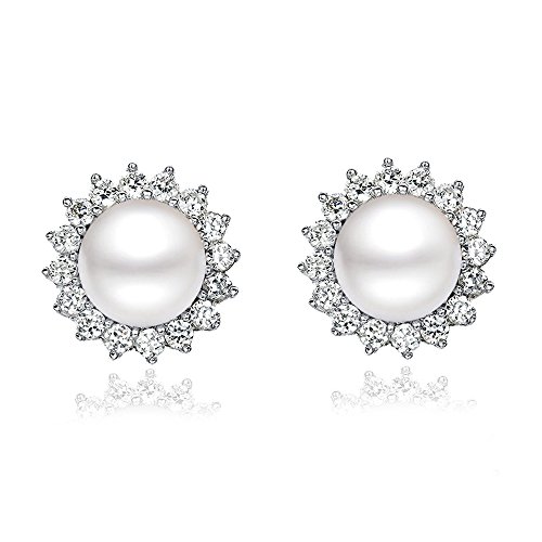 Sunshine 925 Sterling Silver Pearl Earrings Stud AAA Zirconia 9mm Freshwater Pearl Jewelry for women (Earrings)