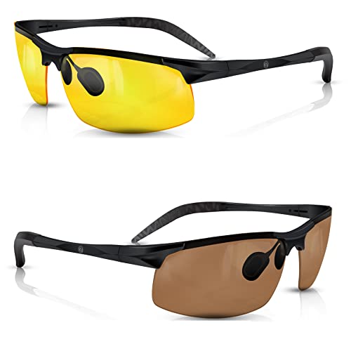 BLUPOND Set of 2 Anti-Glare HD Lens Clear Vision Sunglasses - Daytime Polarized Copper and Yellow Tint Night Driving Glasses with CAR CLIP HOLDER - KNIGHT VISOR (1 CopperLens 1 YellowLens)