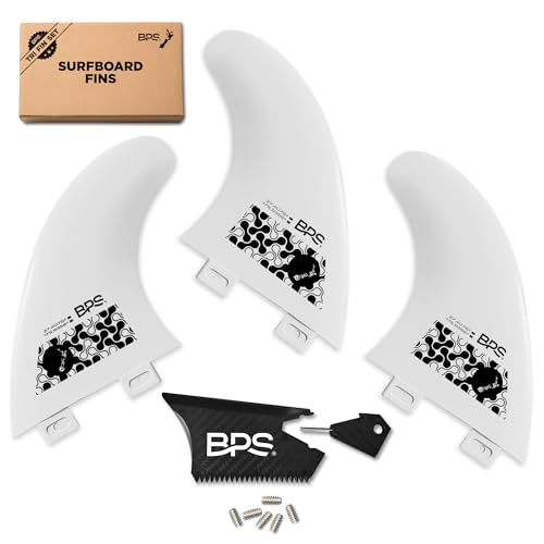 BPS Fiberglass Reinforced Surfboard Fins (3) + FCS Screw Hardware and Wax Comb! Glass Flex Thruster Surf Fin Set (FCS G5 M5 Style) Black - Tri Fin Thruster Set Surfboard fins (Link White)