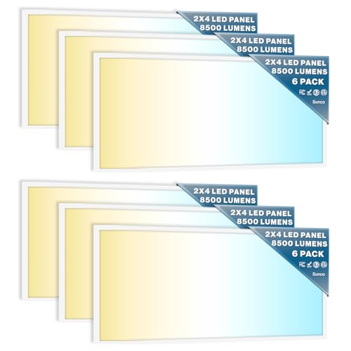 Sunco 6 Pack 2x4 LED Flat Panel Light Drop Ceiling Office Fixture, 7700 LM, Selectable Features, 40W/50W/60W, 4000K/5000K/6000K, Dimmable (0-10V), Surface or Suspension Mount, Dustproof ETL