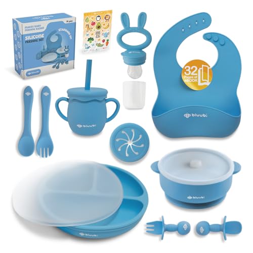 Bluubi Silicone Baby Feeding Set - Infant Tableware for First Foods & Baby, Led Weaning (0+ Months), Easy to Clean, Durable, Perfect for Baby Boy or Girl, Solid Feeding - Blue - Standard