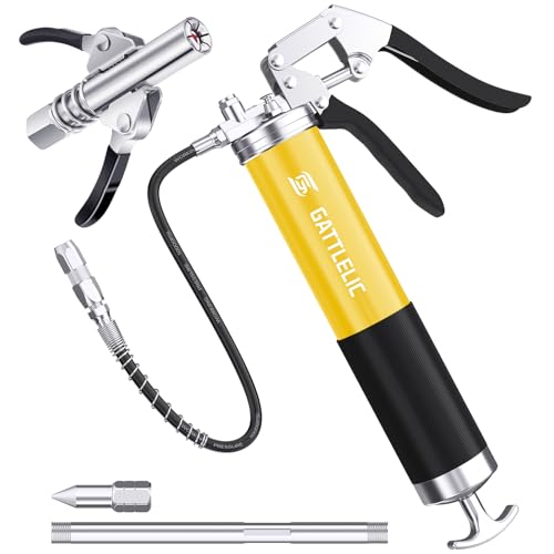 GATTLELIC 8000 PSI Heavy Duty Grease Gun Kit - 14oz with Flex Hose, Sharp Nozzle, Extension Pipe & Coupler, Yellow