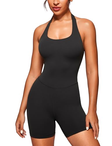 CRZ YOGA Butterluxe Halter Backless Athletic Rompers for Women Workout Bodycon One Piece Shorts Jumpsuit with Pads Black Medium