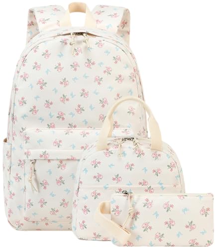 Girls School Backpack Galaxy Schoolbag Laptop Bookbag Insulated Lunch Tote Bag Purse Teens Boys Kids (Blue bow-Pink Flower)
