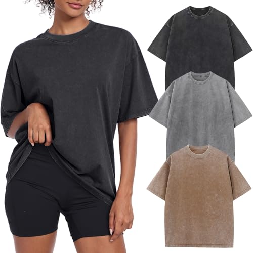 Womens Vintage Oversized T Shirts Acid Washed Baggy Cotton Tee Casual Workout Boyfriend Short Sleeve Tops(Coffee/Grey/Black M)