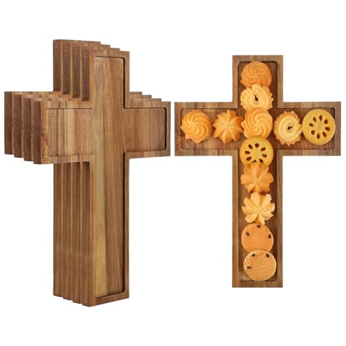 Colingmill 4 Pcs Acacia Wooden Serving Trays Cross Shaped Serving Platter Wood Appetizer Cheese Plates Charcuterie Board Funny Fruit Snacks Plate Dish Food Platter for Home Kitchen