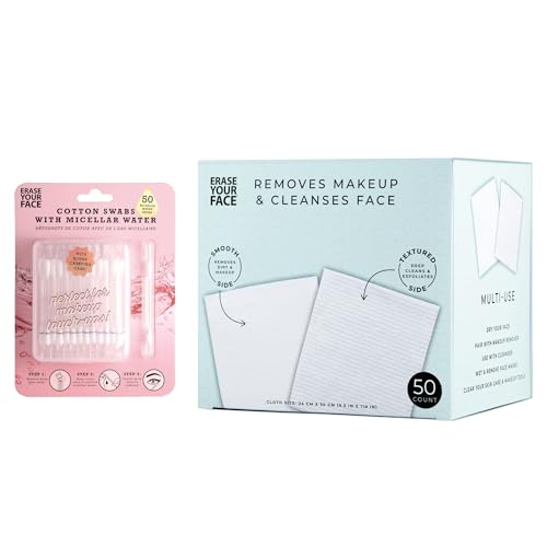 ERASE YOUR FACE Travel Friendly Kit - Disposable Face Towels to Cleanse Skin and Remove Makeup - Makeup Cotton Swabs to Remove Waterproof Makeup - Suitable for Sensitive Skin (2 Count)