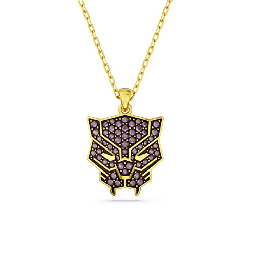 SWAROVSKI Marvel Pendant Necklace, Black Panther Motif with Purple Crystals, on Gold-Tone Finished Chain, Part of the Marvel Collection