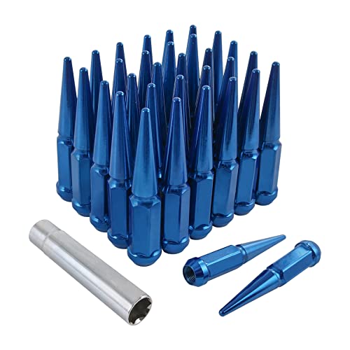 Spike Lug Nuts 9/16-18 32 pcs Blue Cone Seat with 1 Socket Key Replacement for Dodge Ram 1500 2500 3500 1994-2011 Ford F250 F350 Trucks 1988-1998 9/16 Thread HEX 19mm (3/4'') 4.4'' Tall 9/16''-18