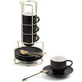 Lareina 3-Ounce Espresso Cups Set of 4, Small Stackable Coffee Cups with Saucers, Spoons and Metal Stand, Ceramic Demitasse Mugs, Black
