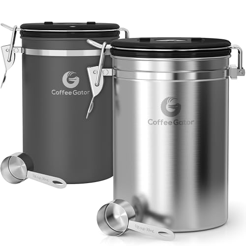 Coffee Canister - Coffee Gator Stainless Steel Coffee Container - Fresher Beans and Grounds for Longer - Date-Tracker, CO2-Release Valve and Measuring Scoop - 2-Pack, Silver/Gray