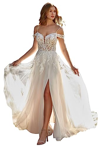 SEIM Flowy Lace Applique Bodice 2025 Wedding Gowns Ivory Illusion Back Long Empire Waist Off Shoulder Beaded Beach Wedding Dress with Slit for Bride Size 10