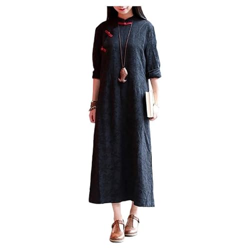 LUZU JUNU Women's Chinese Cheongsam Style Casual Qipao Dress(Large, Black)