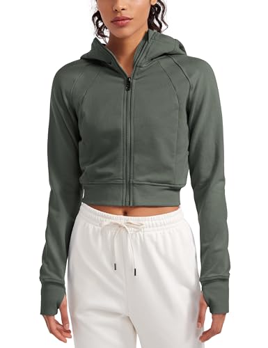 CRZ YOGA Womens Fleece Zip Up Cropped Hoodie Workout Jacket Athletic Casual Long Sleeve Sweatshirts with Thumb Holes Grey Sage Medium