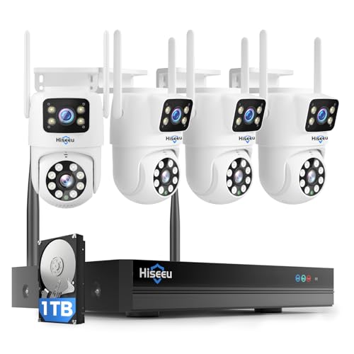 Hiseeu Wireless Security Camera System [WiFi-Pro&Power Supply] 4 Cam-Kit,Dual Lens,No Subscription,Security Cameras Outdoor with 360° Pan & Tilt, Auto Tracking,Color Night Vision,5G&2.4G WiFi,1TB