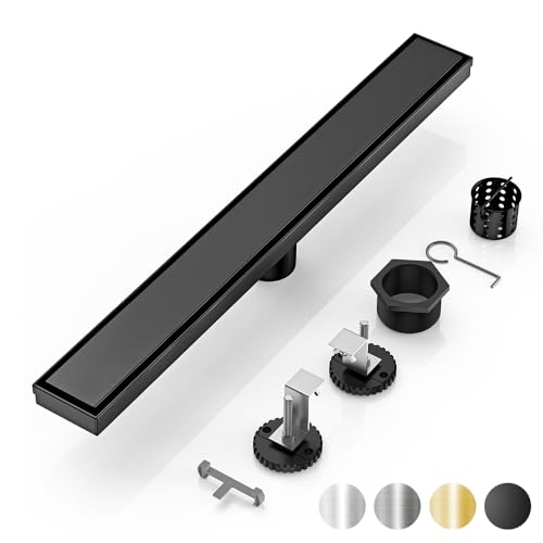 DLONE Linear Shower Drain | 24" AISI 304 Stainless Steel Shower Drain, Black Linear Drain with 2-in-1 Tile Insert Panel & Adjustable Feet, Long Rectangle Shower Floor Drain in Bathroom, Balcony, etc.