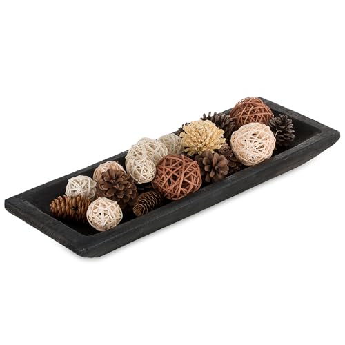 Hanobe Decorative Wood Dough Bowl: Large Long Wooden Centerpiece Table Decorations Natural Candle Holder Tray Decor Rustic Unfinished Centerpieces for Dining Room Kitchen Fruit Bowls, Black