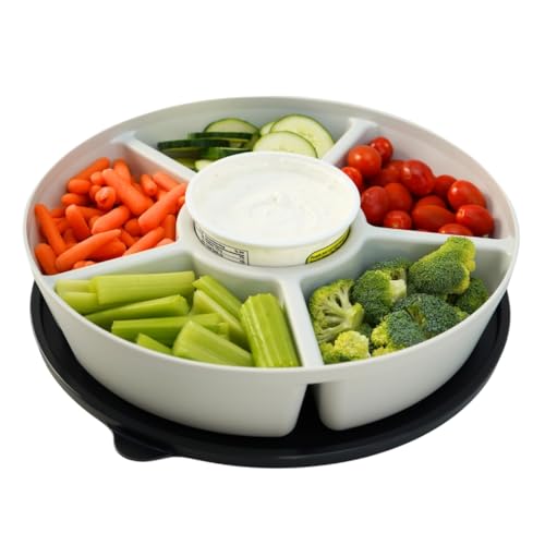 SwivelServe Heavy-Duty Divided Serving Tray with Leakproof Lid-6 Divided Compartments to Serve & Store Food, Snack Tray, Fruit Tray, Veggie Tray - 100% Made In USA by Tegriware (White)