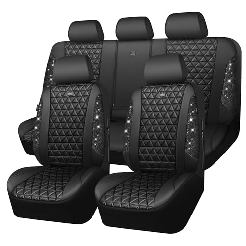 CAR PASS Bling Diamond Black Leather Car Seat Covers Full Sets Interior Sets, Waterproof Shining Glitter Sparkly Crystal Universal Armrest Fit Automotive Truck SUV Cute Women Girl, Black PU Rhinestone