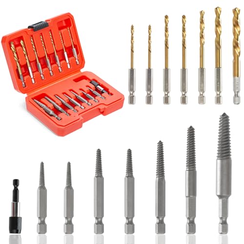15-Pieces Screw Extractor Set, 37# CR-MO & 6542 HSS Steel Cobalt Left Hand Reverse Drill Bit with 1/4'' Adaptor, Ez Out Stripped Tiny Bolt Remover Kit, Easy Out Broken Screw Head Speed Out Tool
