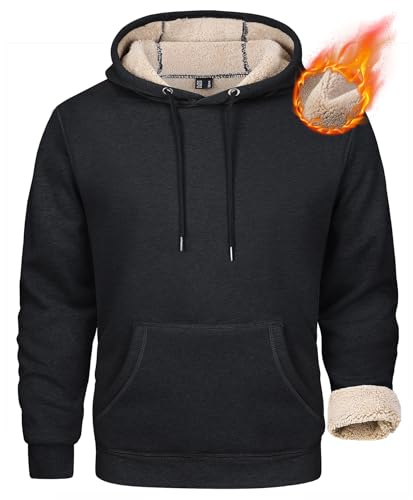 MAGCOMSEN Sherpa Pullover Hoodie for Men - Winter Coral Fleece Pullover Athletic Sweatshirt - Black