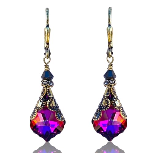 Antique Inspired Vintage Victorian Dangle Drop Earrings for Women - Colored Austrian Crystal Leverback Earrings - Jewelry Gift for Her (Chili Pepper)