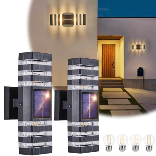 2 Pack Solar Outdoor Wall Light with 4 Free 4w Bulbs 3000K Dusk to Dawn Solar Exterior Sconces Modern Up Down Porch Light Fixtures Waterproof Patio Wall Mount Lamp for House Garage Front Door