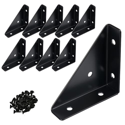 10 Pcs Angle Corner Bracket| 2.55 x 2.55'' Black Metal Triangle Shelf Bracket for Wood Shelves| Corner Brace Connector for Bed, Table, Cabinet,Desk,Bookshelves,Furniture