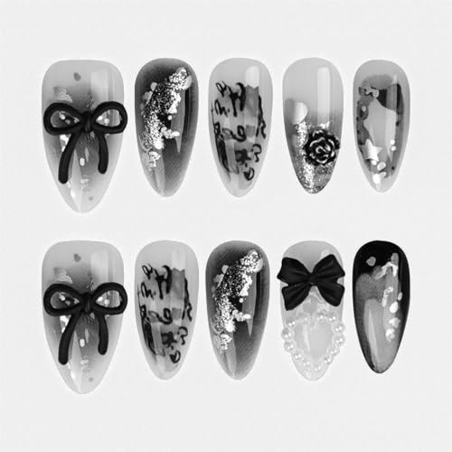 LBPEPAMZ 24Pcs Y2K Press on Nails Medium Almond Fake Nails with 3D Hallow Pearl Heart Bow Design Black Smudge Gothic Star Heart False Nails Alloy Retro Rose Nails Charms Stick on Nails for Women Decor