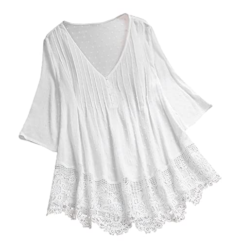 Generic Women's Lace Boho Linen Blouses Tunic Boho Peasant Floral Embroidered Shirt 2024 Hippie Ruffle Front Tops 3/4 Sleeve Retro Womens Bohemian Style Gauze Summer Flowy White, X-Large