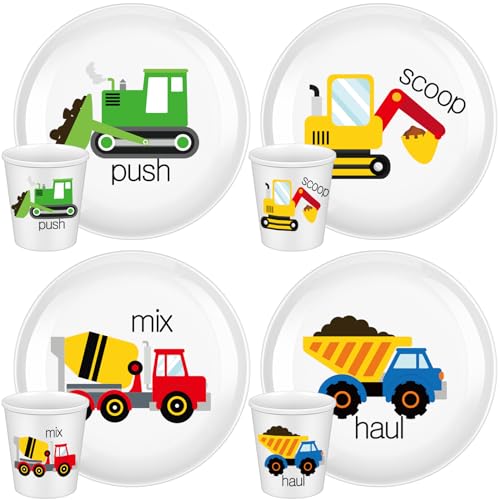 Yiyiring 4 Sets Construction Truck Fun Kids Plates with Cups Plates Dinnerware Set for Toddlers Creatively Drop Resistant Cute Plastic Dishes Dishwasher Safe