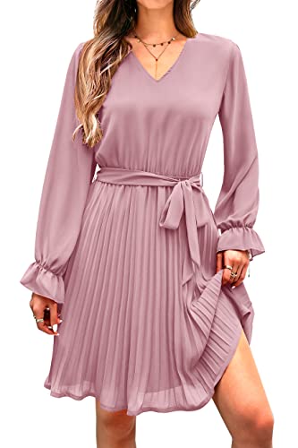 PRETTYGARDEN Women's Casual Spring Fall Dresses Long Puff Sleeve V Neck Pleated Ruffle Flowy Belted Dress (Pink,Large)