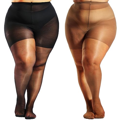 HONENNA 2 Pairs Plus Size Sheer Tights for Women, 17 Colors Ultra Thin Pantyhose Reinforced Toes High Waist Stockings, Black + Tan 2 Pairs 3XL-4XL